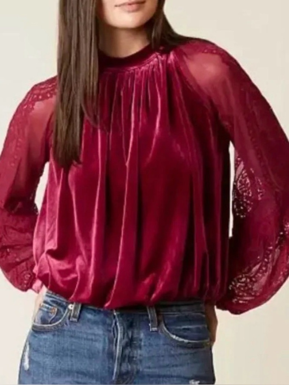 Free People Women's Dream Team Velvet Lace Balloon Sleeve Raspberry Top M Chic